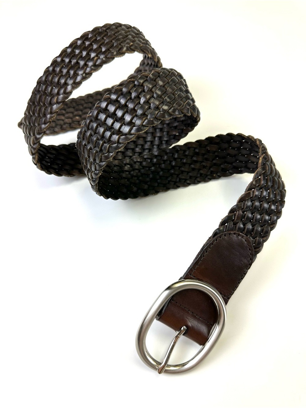 Talbots Brown Braided Leather Belt Silver Buckle Woven Small Medium Classic